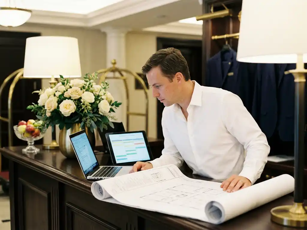 Projectmanager in wit overhemd bestudeert plattegronden aan hotelreceptie met laptops, grafieken en verse bloemen