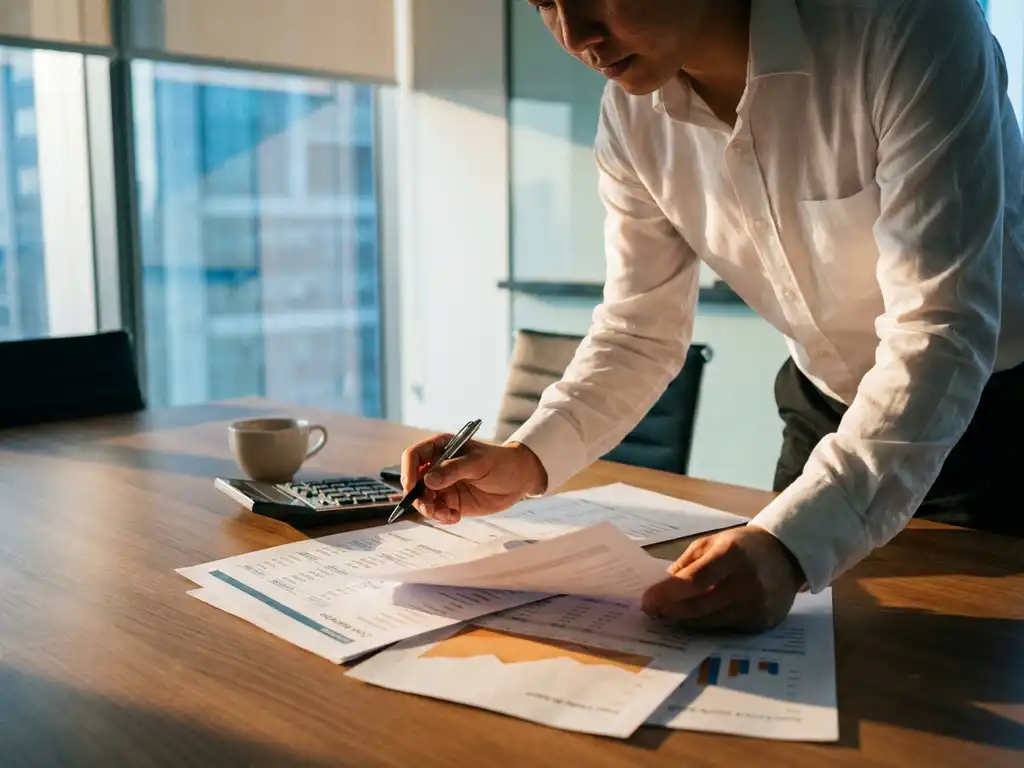 Projectmanager in wit overhemd bestudeert kostenanalyses op houten vergadertafel met rekenmachine en koffiekop