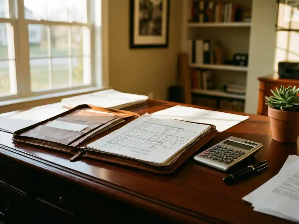 Professioneel bureau met open leren portfolio met kostenanalyse, rekenmachine, pen en vetplant in warm natuurlijk licht