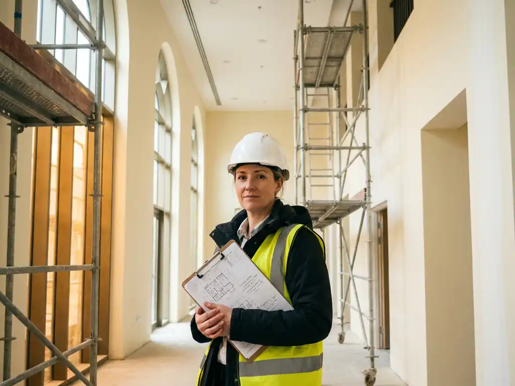 Projectmanager met bouwhelm controleert onderhoudsklembord in moderne gebouwgang met steigers en vers geschilderde muren.