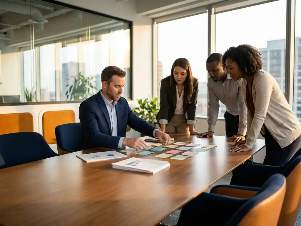 Projectmanager in marineblauw pak organiseert stakeholderkaarten aan vergadertafel terwijl drie collega's aandachtig toekijken in modern kantoor