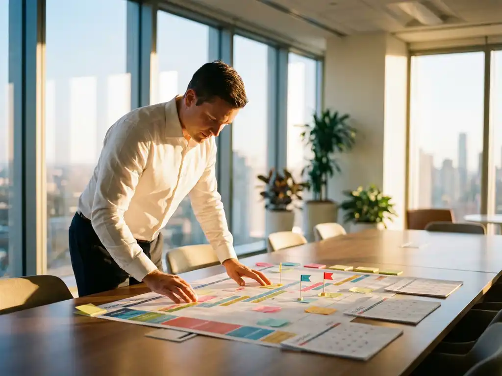 Projectmanager in wit overhemd bestudeert tijdlijndiagram met kleurrijke mijlpalen op vergadertafel in modern kantoor