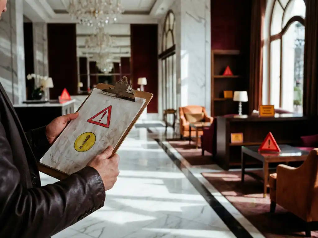 Projectmanager houdt klembord vast in luxe hotellobby met marmeren vloeren, kristallen kroonluchters en waarschuwingssymbolen
