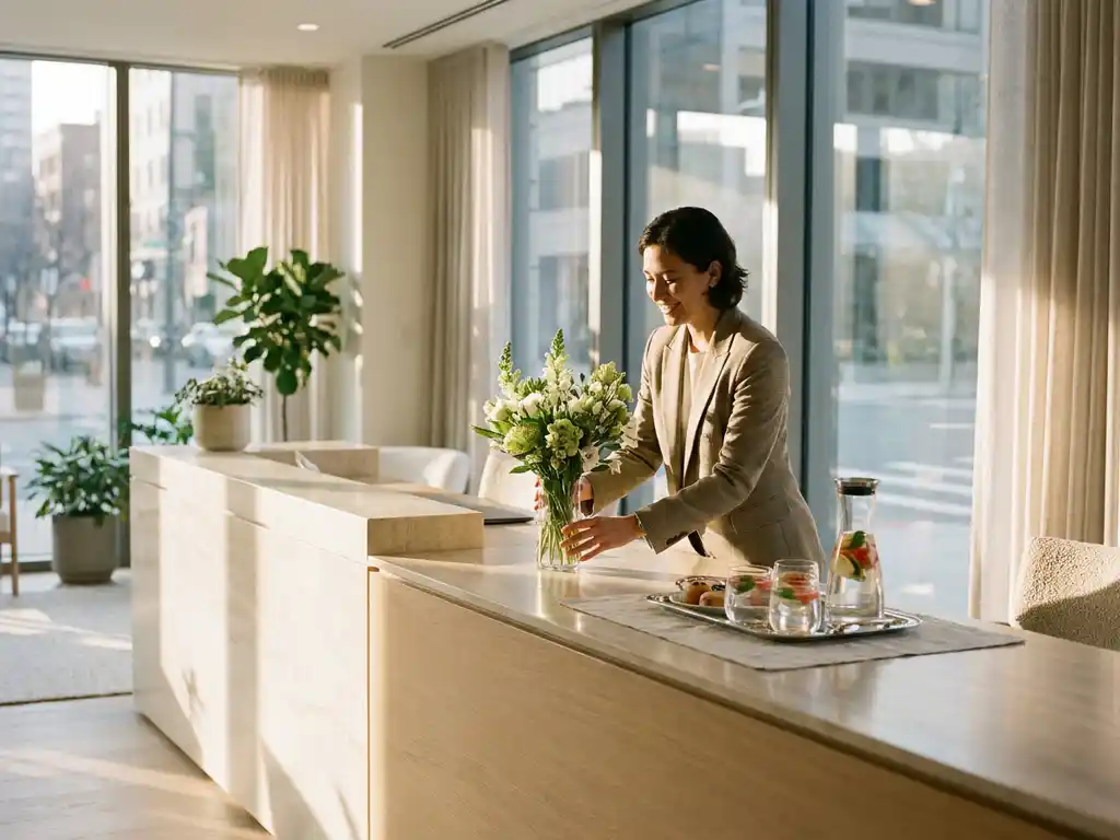 Hospitality medewerker schikt verse bloemen bij een receptiebalie in een moderne kantoorlobby met warm natuurlijk licht.