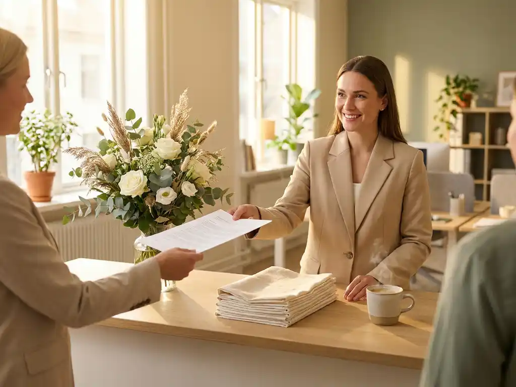Glimlachende receptionist in blazer helpt bezoeker aan moderne balie met bloemen, koffie en linnen servetten in warm verlicht kantoor.