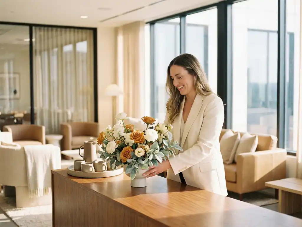 Professionele receptioniste schikt bloemencentrumstuk op glanzende balie in modern kantoorlobby met natuurlijk licht en warme neutrale tinten.
