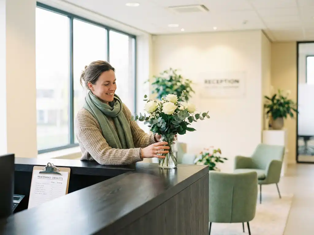 Hospitality medewerker schikt verse bloemen op receptiebalie in modern Nederlands kantoor, met onderhoudsklembord op de voorgrond.
