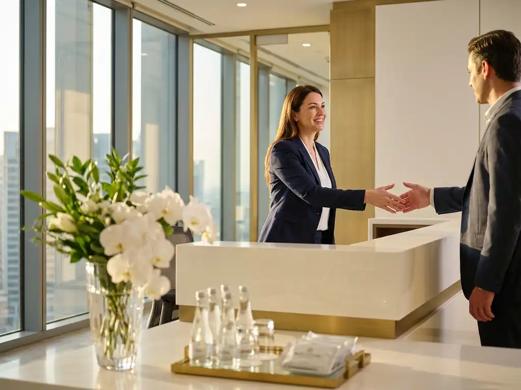 Hospitality specialist in professionele kleding verwelkomt bezoeker bij moderne receptiebalie met verse bloemen en gouden natuurlijk licht.
