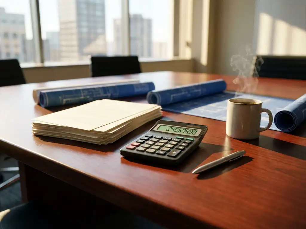 Professionele rekenmachine met financiële cijfers op mahonie vergadertafel naast stapels projectdocumenten, blauwdrukken en dampende koffiekop