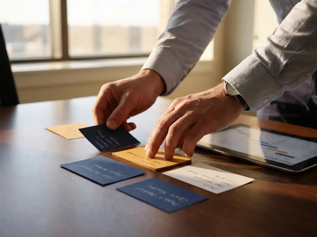 Projectmanager rangschikt kleurgecodeerde risicobeoordelingskaarten op vergadertafel met tablet en natuurlijk licht