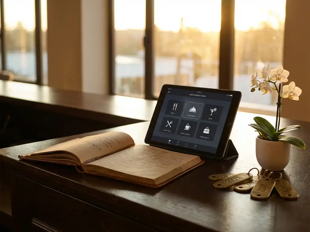 Tablet met digitale roomservice-interface op hotelreceptiebalie naast leren gastenregister, orchidee en koperen sleutelhangers