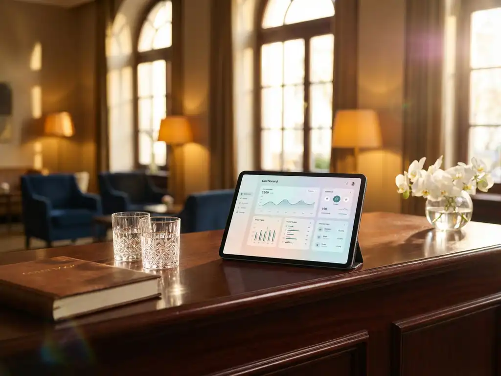 Tablet met digitaal dashboard op mahonie receptiebalie in luxe hotellobby met gastenregister en witte orchideeën