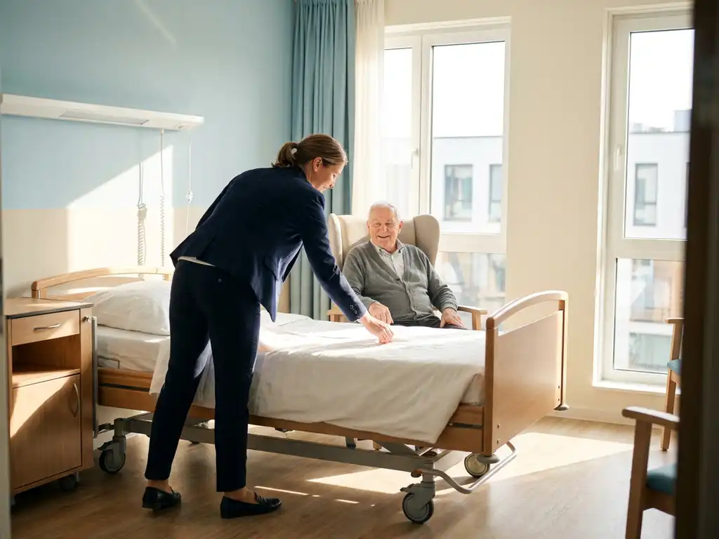 Zorgmedewerker past verse witte lakens aan op ziekenhuisbed terwijl oudere bewoner glimlacht in moderne verpleeghuis kamer