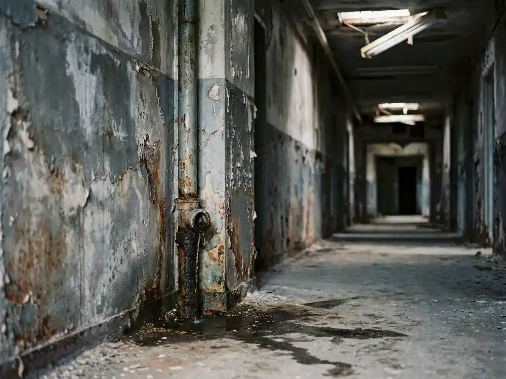 Vervallen institutionele gang met afbladderende betonnen muur, waterscahde vlekken en roestige lekkende pijp onder flikkerende tl-verlichting.