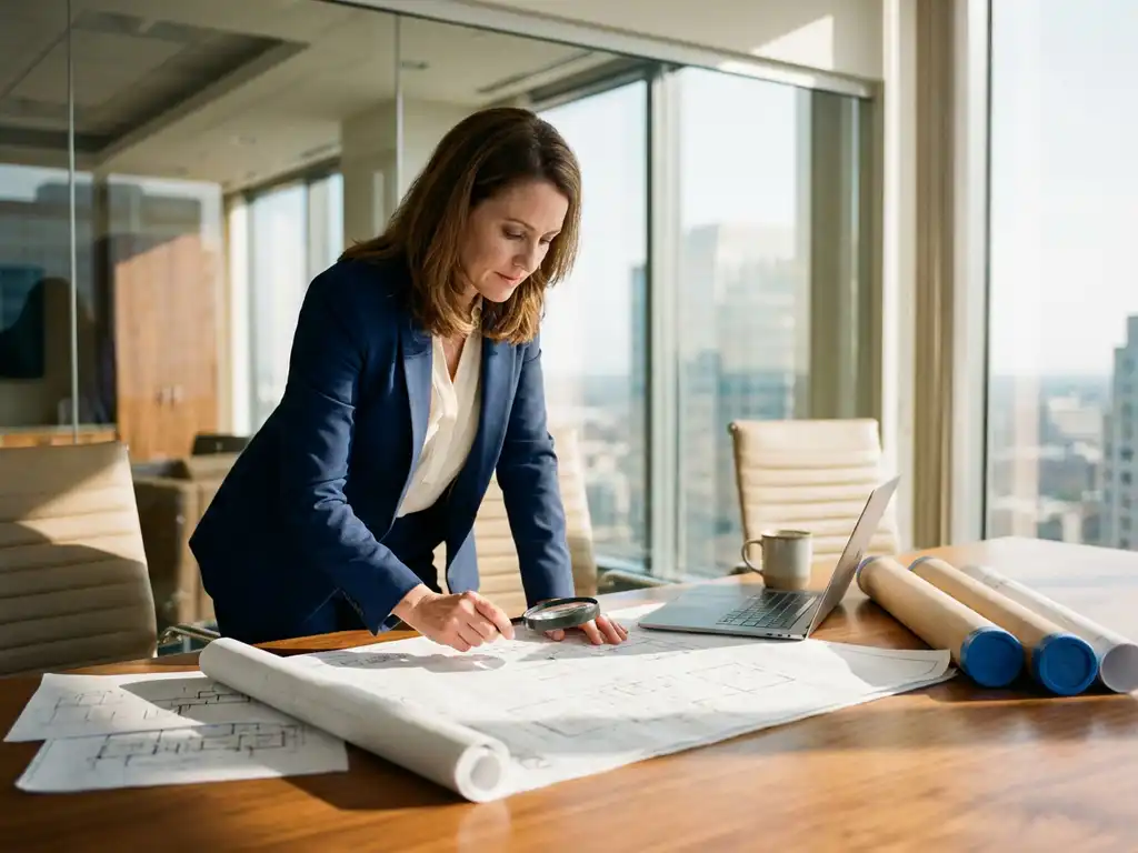 Professionele vrouw in zakelijke kleding bestudeert bouwplannen op vergadertafel met laptop en opgerolde tekeningen