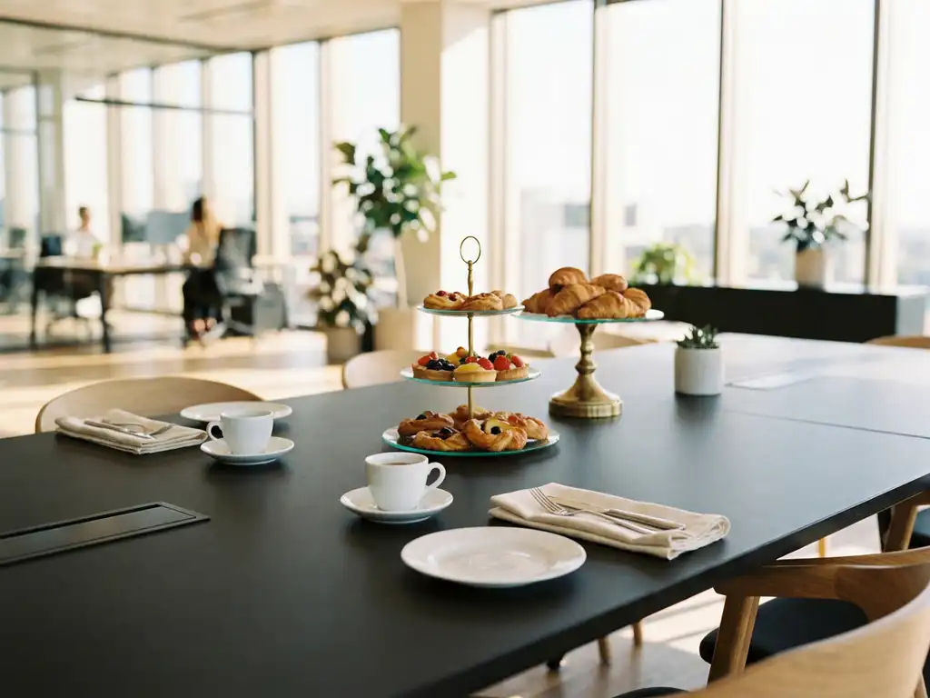 Professionele cateringopstelling op vergadertafel met porseleinen kopjes, gebak op etag&egrave;res en gestreken linnen servet bij zilverwerk.