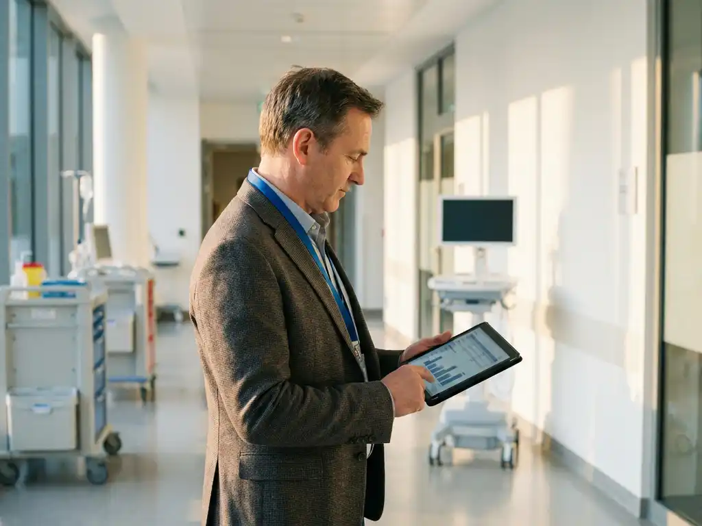 Ziekenhuisfaciliteitsmanager bekijkt prestatiegrafieken op tablet in moderne zorggang met medische apparatuur en natuurlijk licht