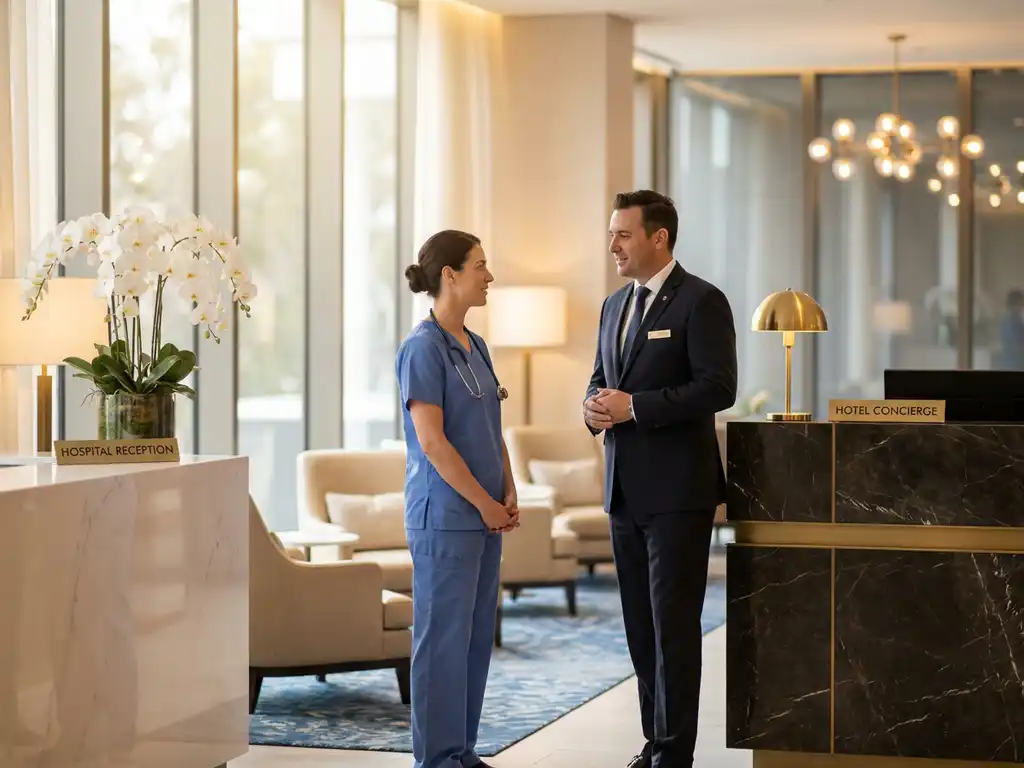 Ziekenhuisreceptie en hotelconcierge werken samen in moderne lobby met orchideeën en marmer oppervlakken