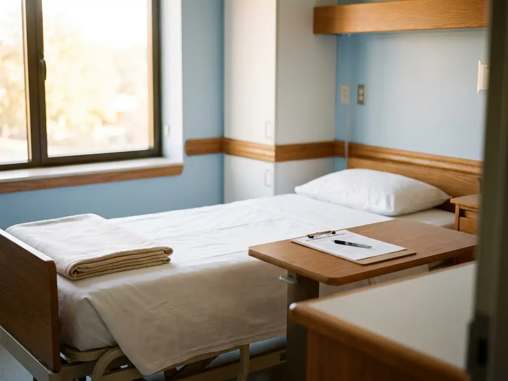 Ziekenhuisbed met witte lakens en klembord op nachtkastje in lichte zorgkamer met houten accenten.