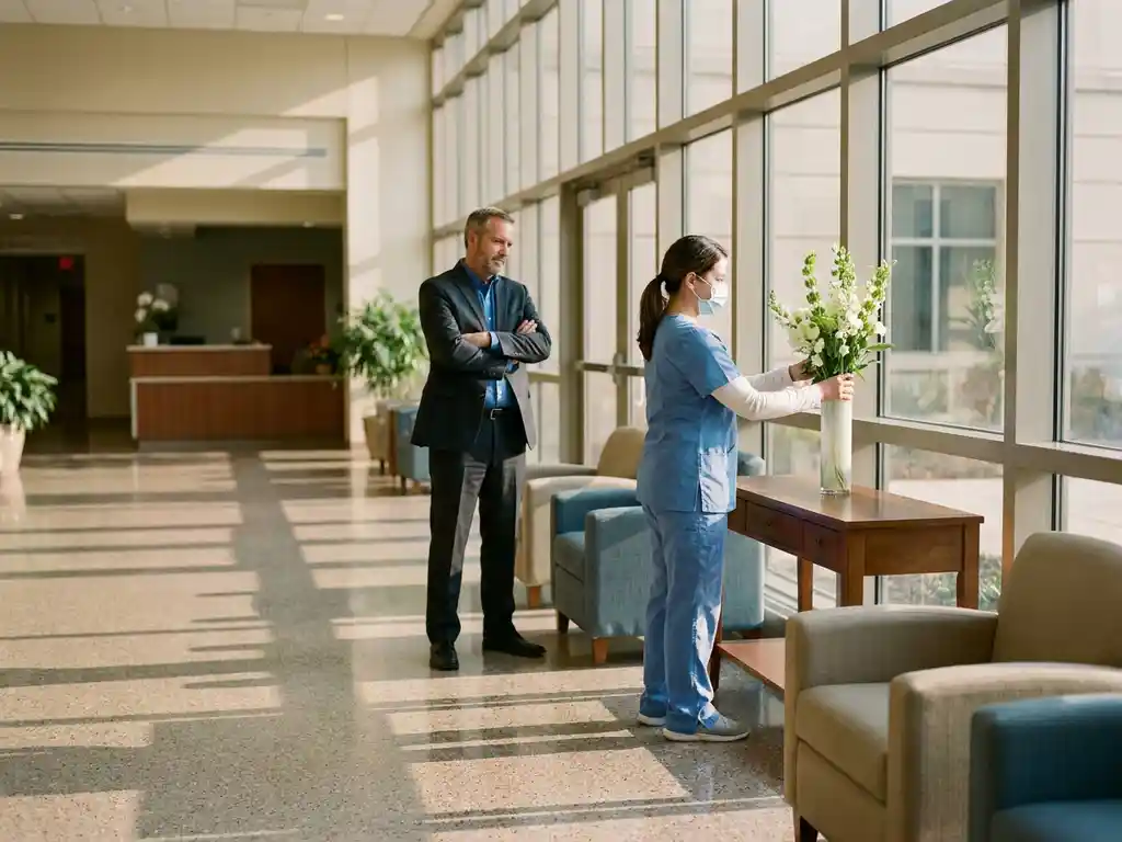 Zorgverlener in scrubs schikt verse bloemen in moderne ziekenhuislobby terwijl faciliteitmanager toekijkt