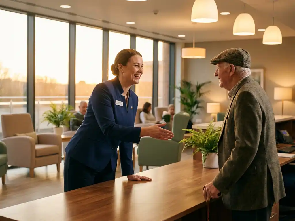Faciliteitmanager in marineblauw uniform begroet hartelijk oudere bezoeker bij ziekenhuisreceptie in moderne lobby met warme verlichting