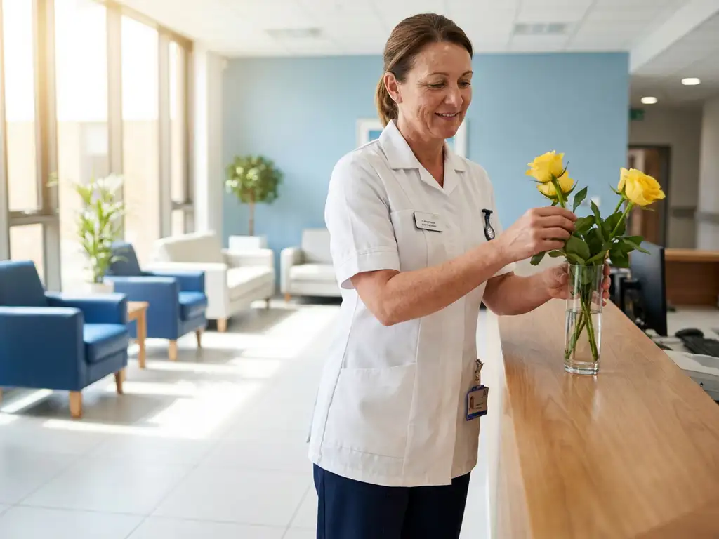 Zorgverlener in wit uniform schikt verse bloemen in moderne ziekenhuisreceptie met natuurlijk licht