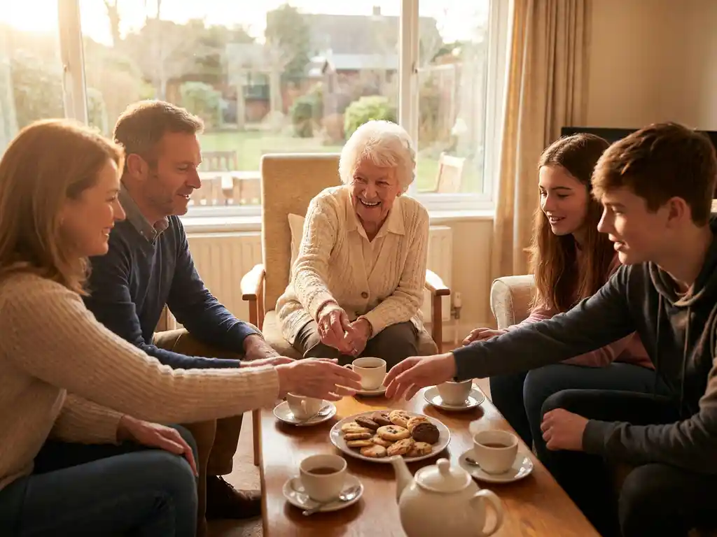 Drie generaties familie deelt thee en koekjes rond salontafel in moderne zorginstelling, oudere bewoner straalt van vreugde