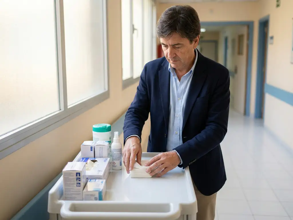 Zorgfaciliteitsmanager organiseert medische benodigdheden en schoonmaakapparatuur op witte kar in ziekenhuisgang