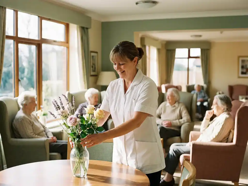 Zorgmedewerker in wit uniform schikt verse bloemen in lichte verpleeghuis lobby met ouderen op achtergrond