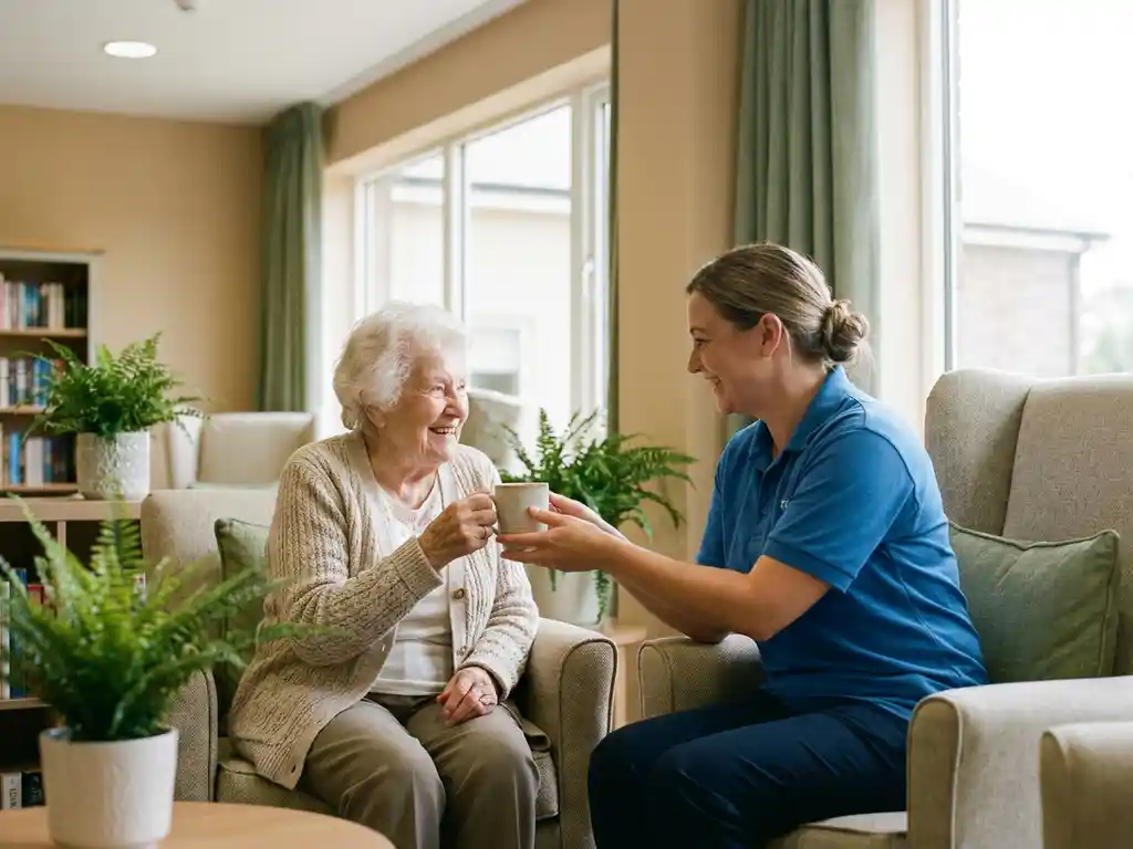 Oudere bewoner ontvangt koffie van zorgmedewerker in lichte gemeenschappelijke ruimte met planten en comfortabele zithoek