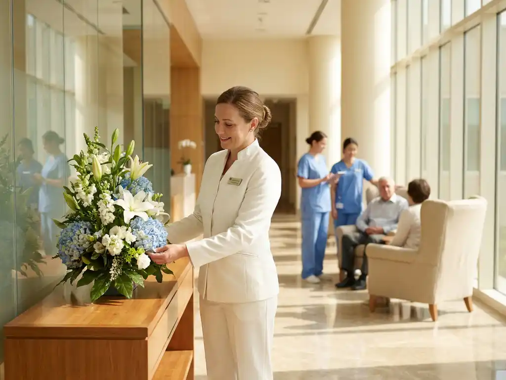 Hospitality manager in witte uniform schikt verse bloemen in moderne zorgfaciliteit lobby met natuurlijk licht