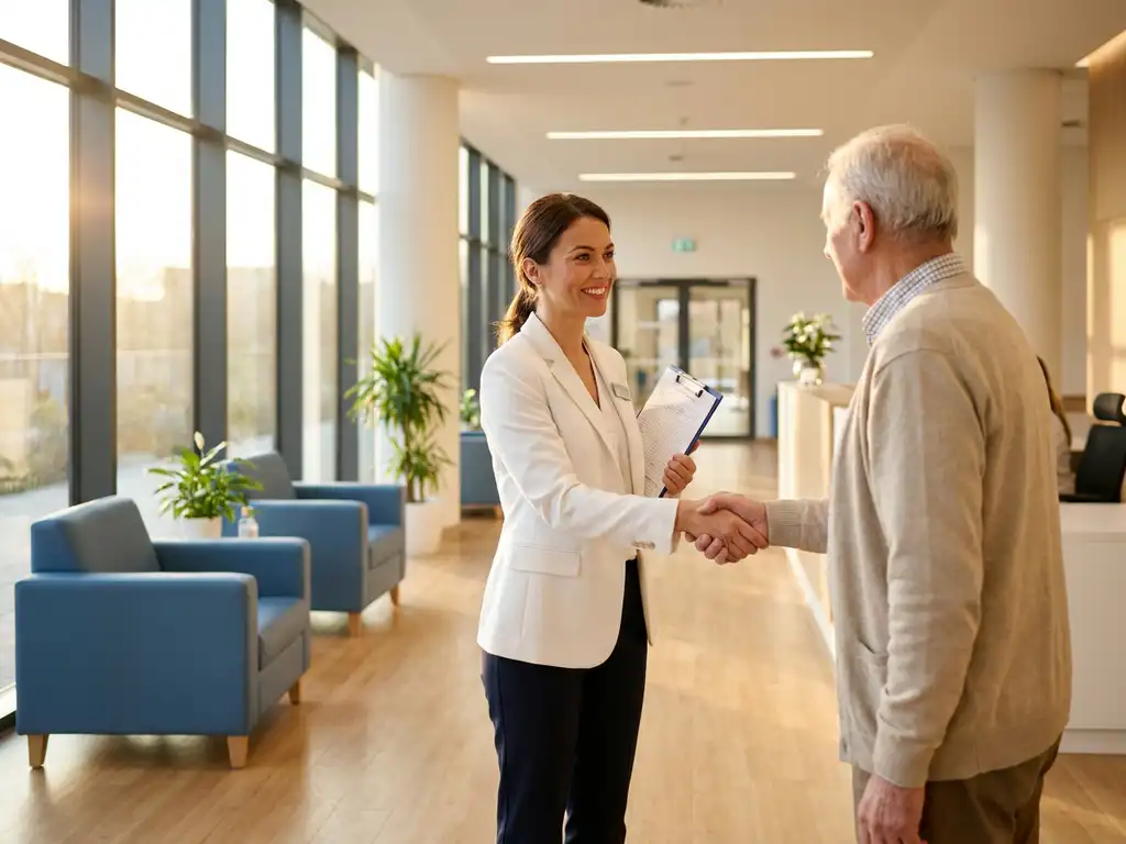 Zorgmanager in wit uniform begroet oudere patiënt in moderne ziekenhuislobby met natuurlijk licht
