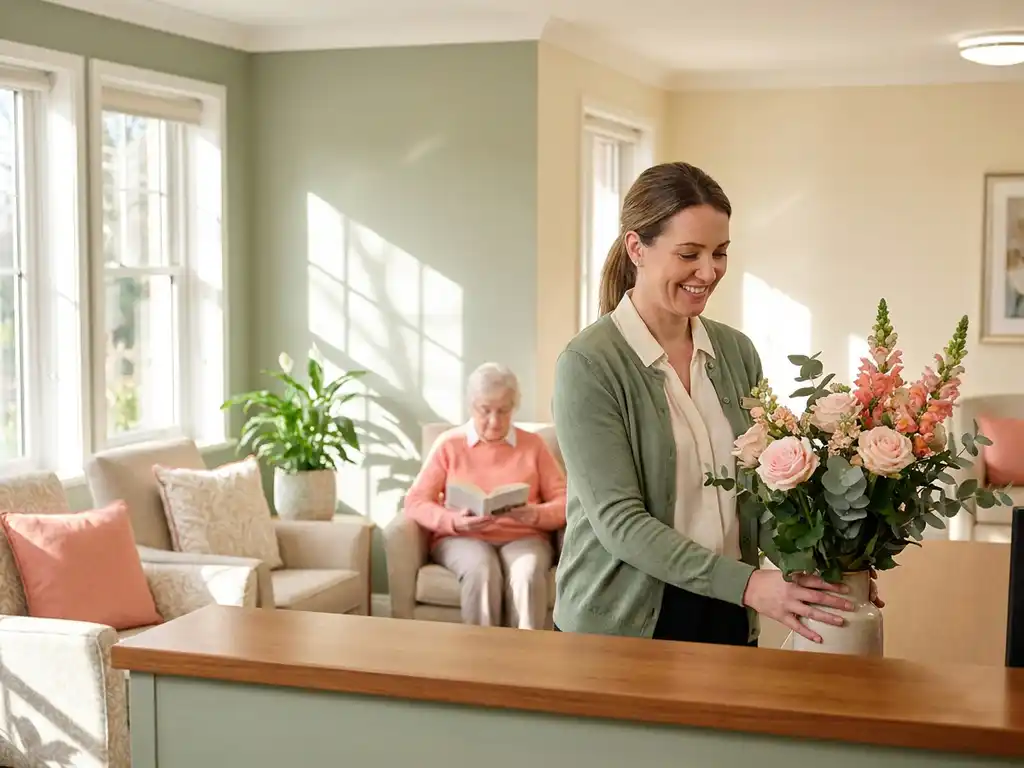 Vriendelijke zorgmedewerker schikt verse bloemen in ontvangstruimte met zachte verlichting en comfortabele zithoek