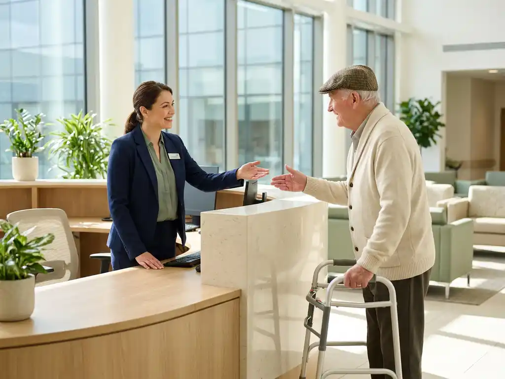 Vriendelijke ziekenhuisreceptioniste begroet oudere patiënt aan moderne balie in lichte medische faciliteit
